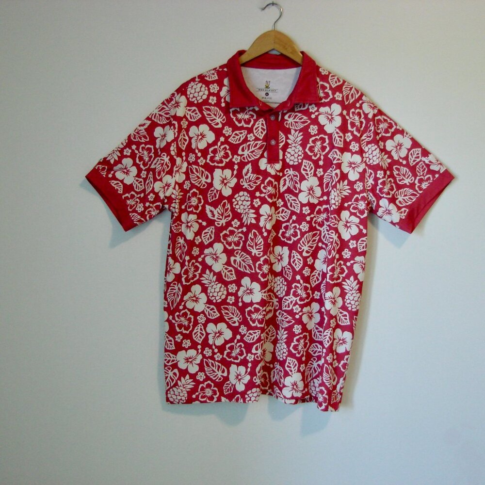 Rolo Golf Polo Shirt Raspberry Hawaiian Floral Print Short Sleeve Size XXL